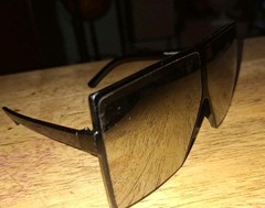 Oversized Sunglasses, Large Flat Top. Black Frame. Silver Mirrored. 6in x 2.75in