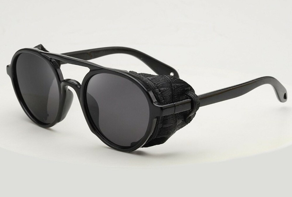 Men’s Women Sunglasses Vintage Steampunk Side Shields Leather Round Retro Shades