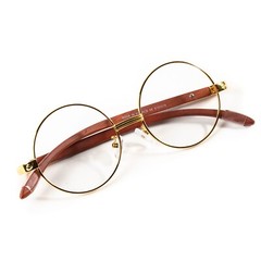 ​Men’s Wood Grain Round Gold Frame Hip Hop Circle Buffs Clear Lens Glasses