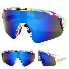 Oversized SPORTY WRAP Shield Cycling SUN GLASSES Huge Graffiti Frame Blue Lens