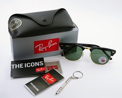 Ray-Ban Sunglasses RB3016 Clubmaster Classic Polished Black & Gold Frame 51mm