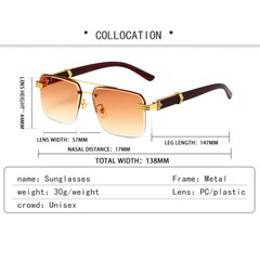 Rimless Sunglasses Rectangle Wood Grain Frame Brown Lens Men Hip Hop Lentes 2026