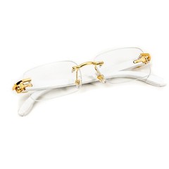 Men’s Vintage Gold Frame Rimless Hip Hop White Woodgrain Clear Lens Glasses