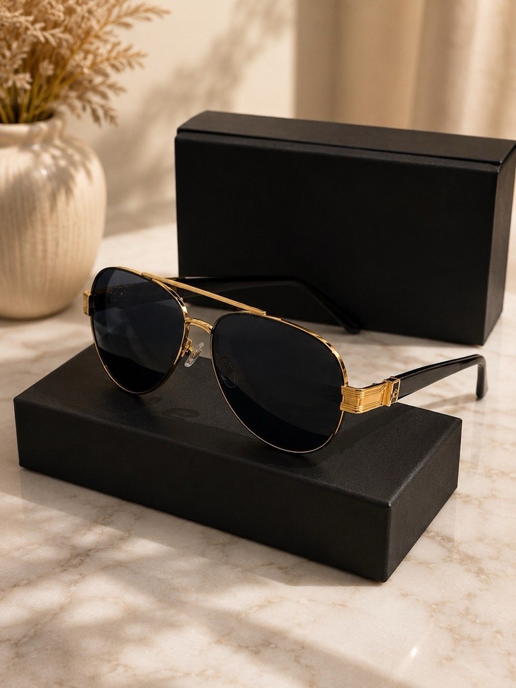 Men’s Aviator Sunglasses Gold Metal Frame Black Tinted Plastic Lenses