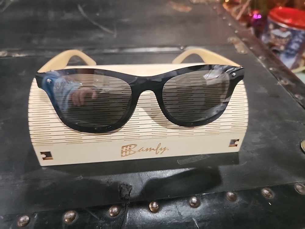 BAMFY Solid Pattern Polarized Sunglasses Bamboo Legs Black Frame, Blue Tint, NEW