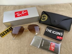 Ray-Ban RB3791 Rimless Aviator Sunglasses, Gold Frame, Brown Gradient Lens