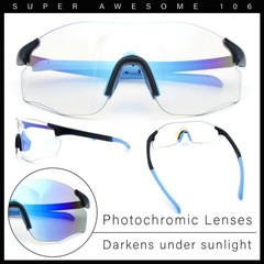Photochromic Clear to Dark Mirrored Sport Shield Wrap Rimless Sunglasses