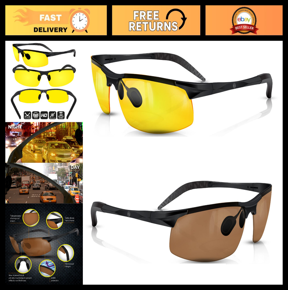 Set of 2 Polarized Day & Night Driving Glasses – Yellow Night Vision Sunglasses