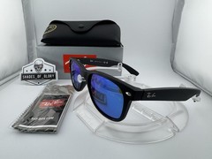RAY-BAN NEW WAYFARER RB2132 622/17 RUBBER BLACK BLUE MIRROR SUNGLASSES 55MM NEW