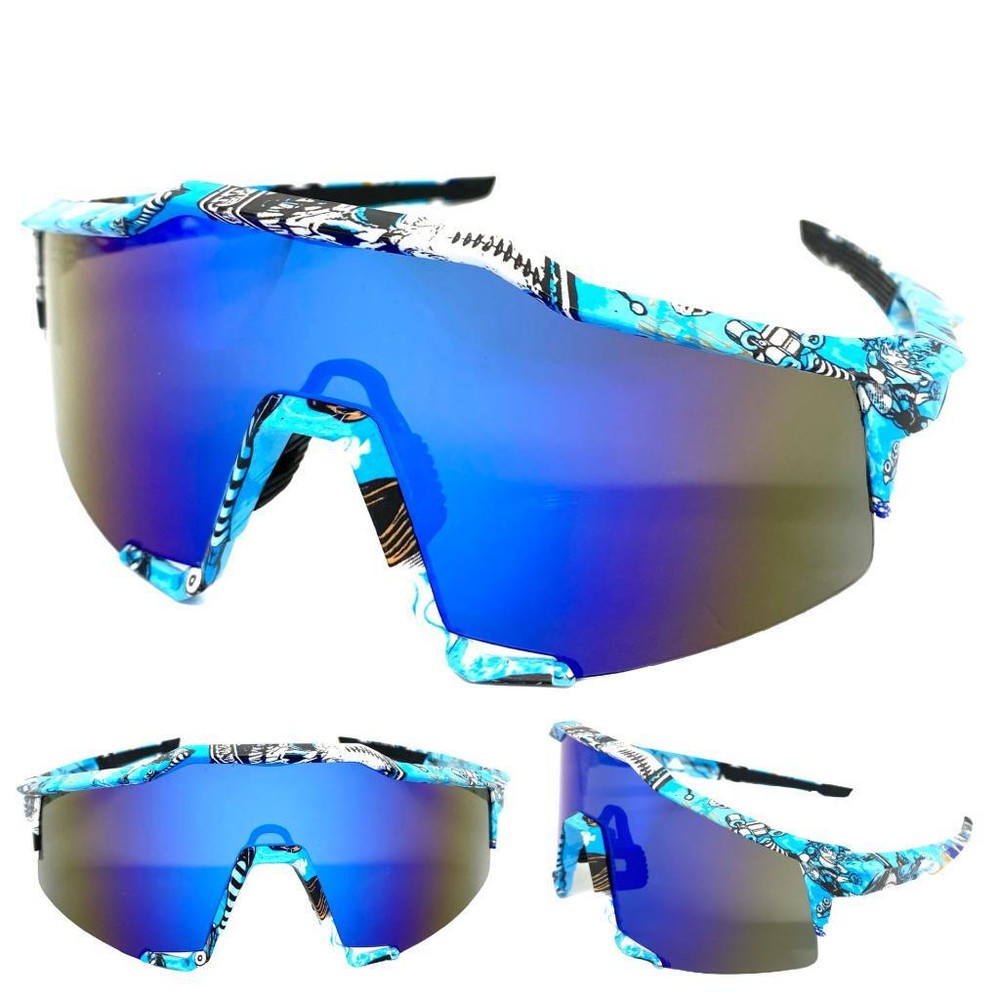 Oversize RETRO SPORTY WRAP AROUND SUN GLASSES Large Big Graffiti Frame Blue Lens