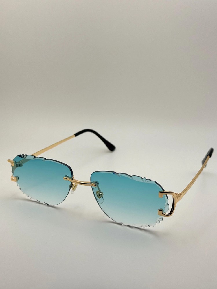 Elegant Blue Gradient Floral Rimless Sunglasses with Gold Frame, UV400 Protecti