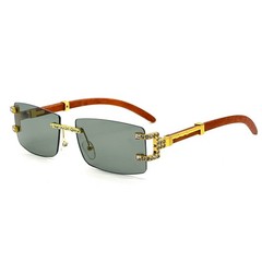 Mens Rimless Rectangle Sunglasses Gold Wood Grain Crystal Iced Out Grey Lens New