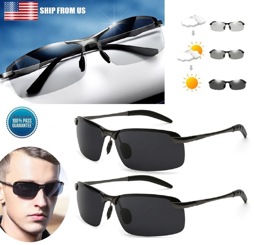 2pcs Men Photochromic Polarized Sunglasses Transition Lens Driving UV400 Glasses