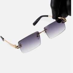 Men’s Square Rimless Gold Frame Purple Gradient Tint Hip Hop Sunglasses