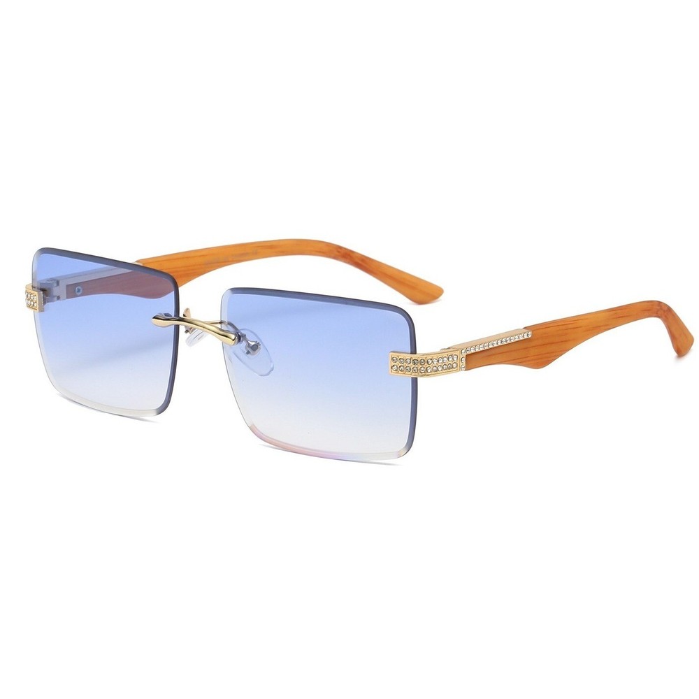 Rimless Sunglasses Wood Grain Frame Rhinestone Accents Blue Lens Men Hip Hop New