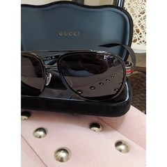 Gucci GG0447S 001 Black Aviator Sunglasses with Green and Red Temple Stripes