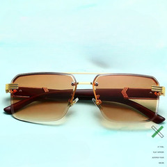 Rimless Sunglasses Rectangle Wood Grain Frame Brown Lens Men Hip Hop Lentes 2026