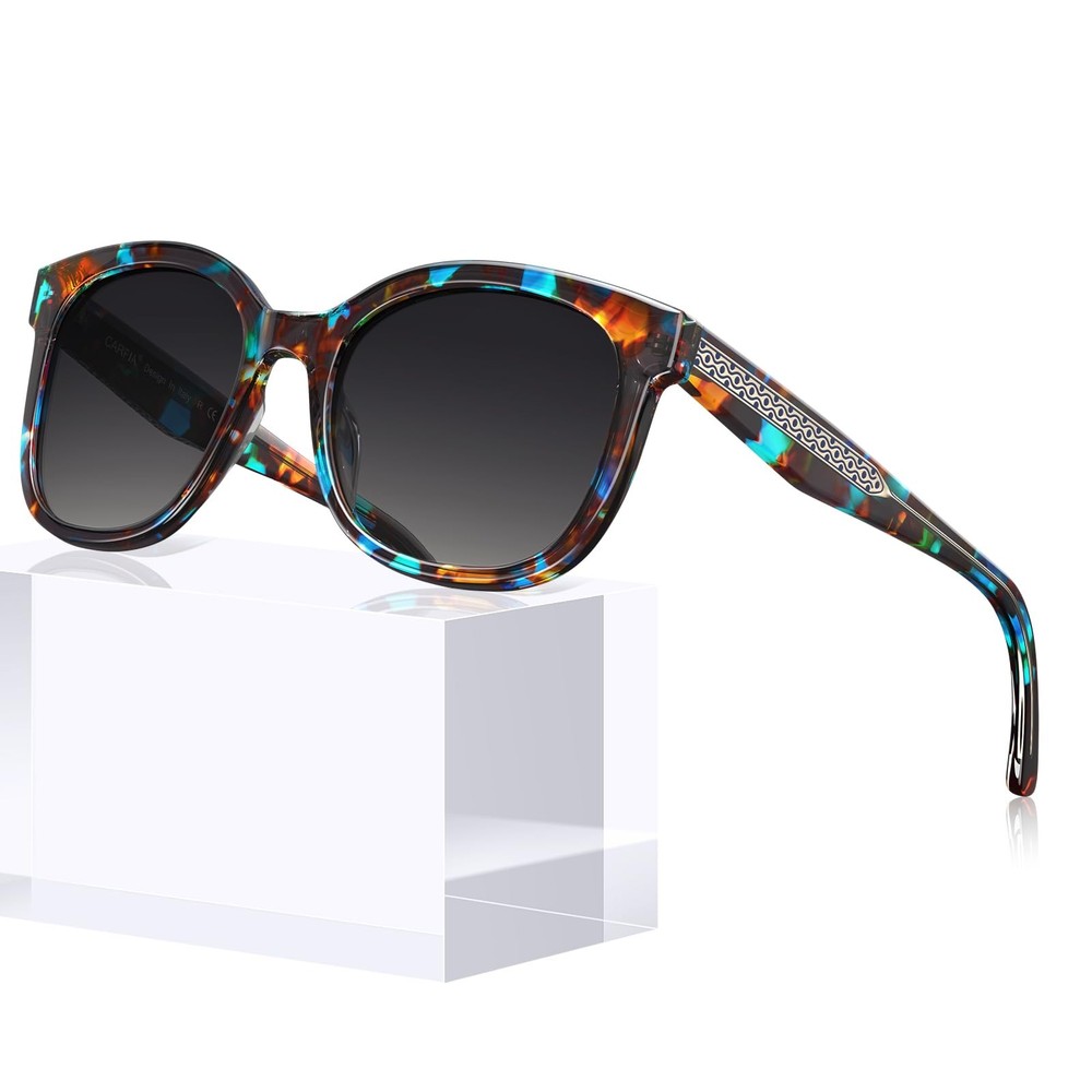 Blue Floral Cateye Acetate Sunglasses for Women Polarized UV Protection, Ladi…