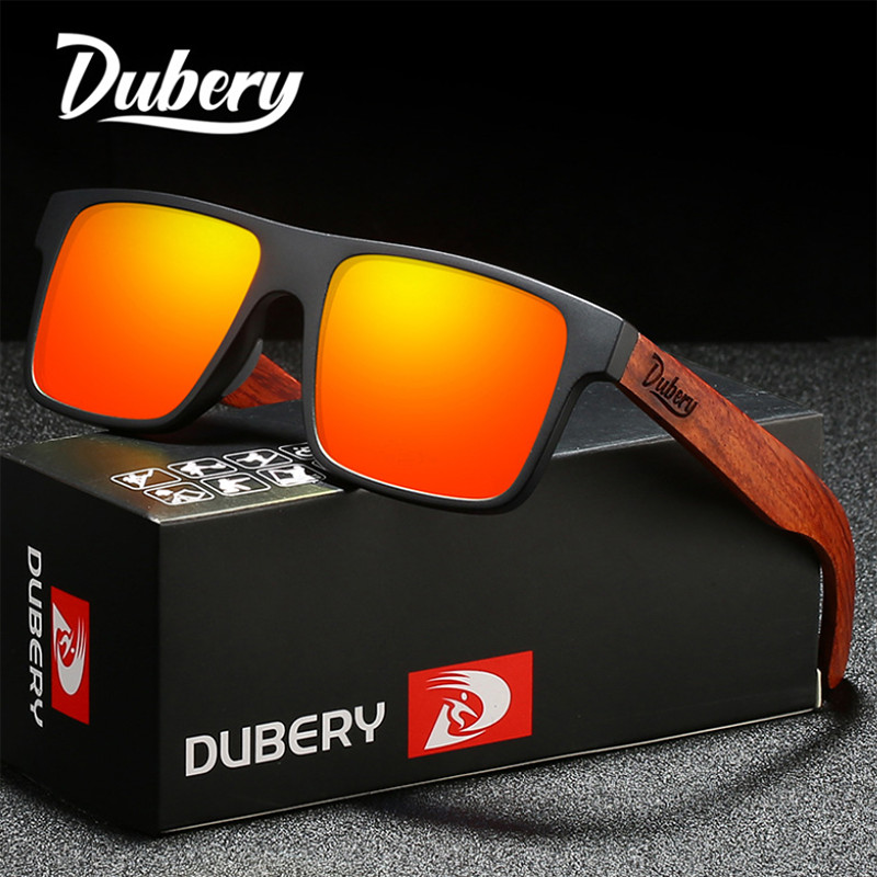 DUBERY Men Women Wood Polarized Square Sunglasses Wooden Temple Outdoor Glasses