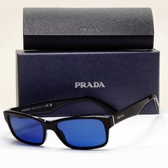 Prada Sunglasses Black Blue Glossy Rectangle Square PR16MV VPR 16M 1AB-1O1 53mm