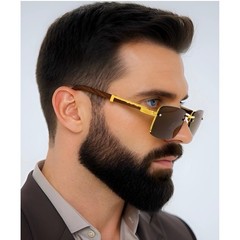 Mens Rimless Rectangular Sunglasses Gold Wood Grain Frame Brown Lens UV400