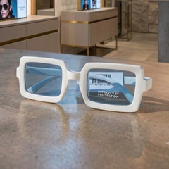 Square Sunglasses Tinted Blue Plastic Lens White Plastic Frame Solid UV Men