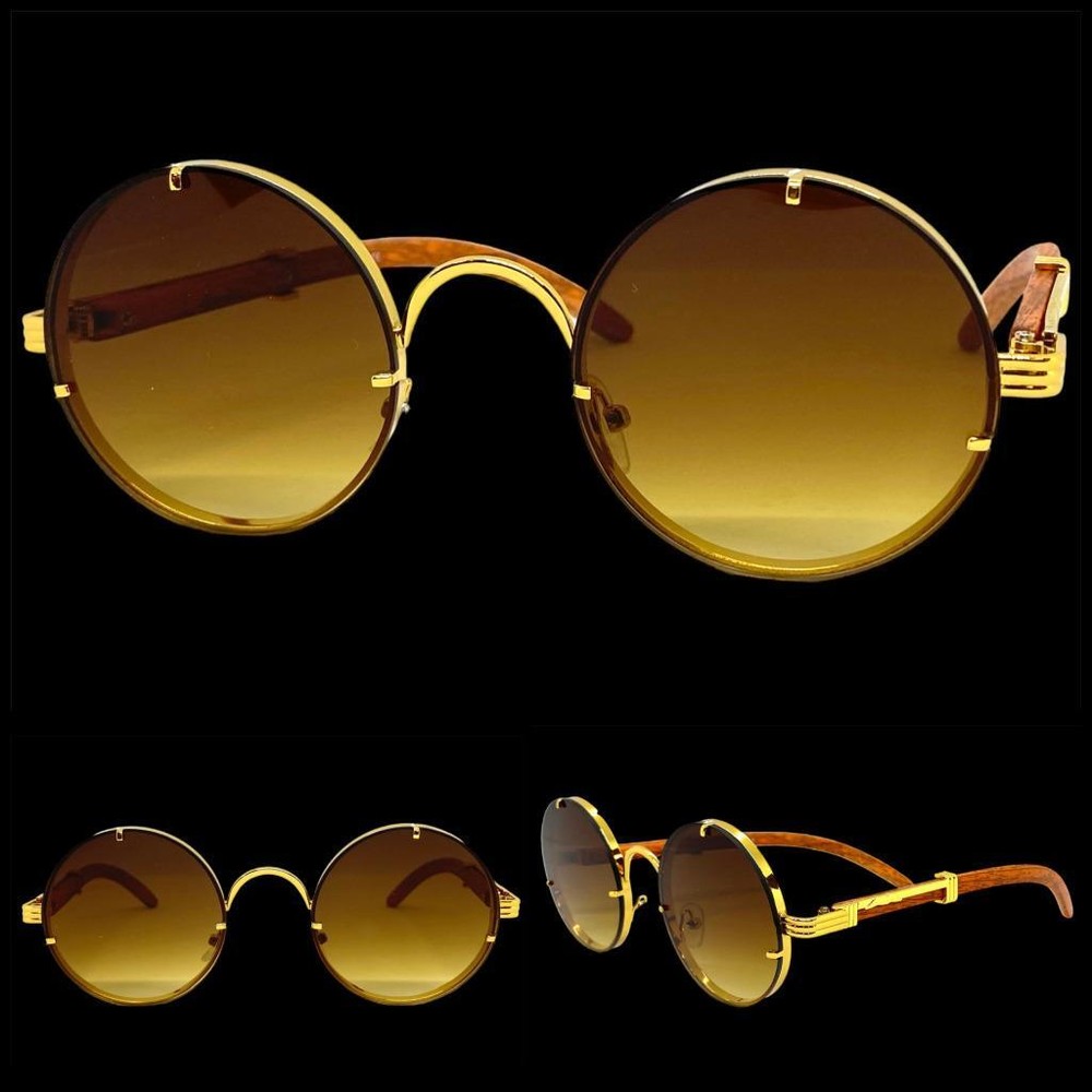 Mens CLASSY Elegant Modern Retro Hip Hop SUN GLASSES Round Gold Frame Honey Lens