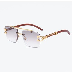Rimless 90s Rectangle Gray Gradient Tinted Lens Woodgrain Hip Hop Sunglasses
