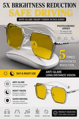 Day Night Driving Glasses Photochromic Anti Glare Yellow Lens Silver Frame