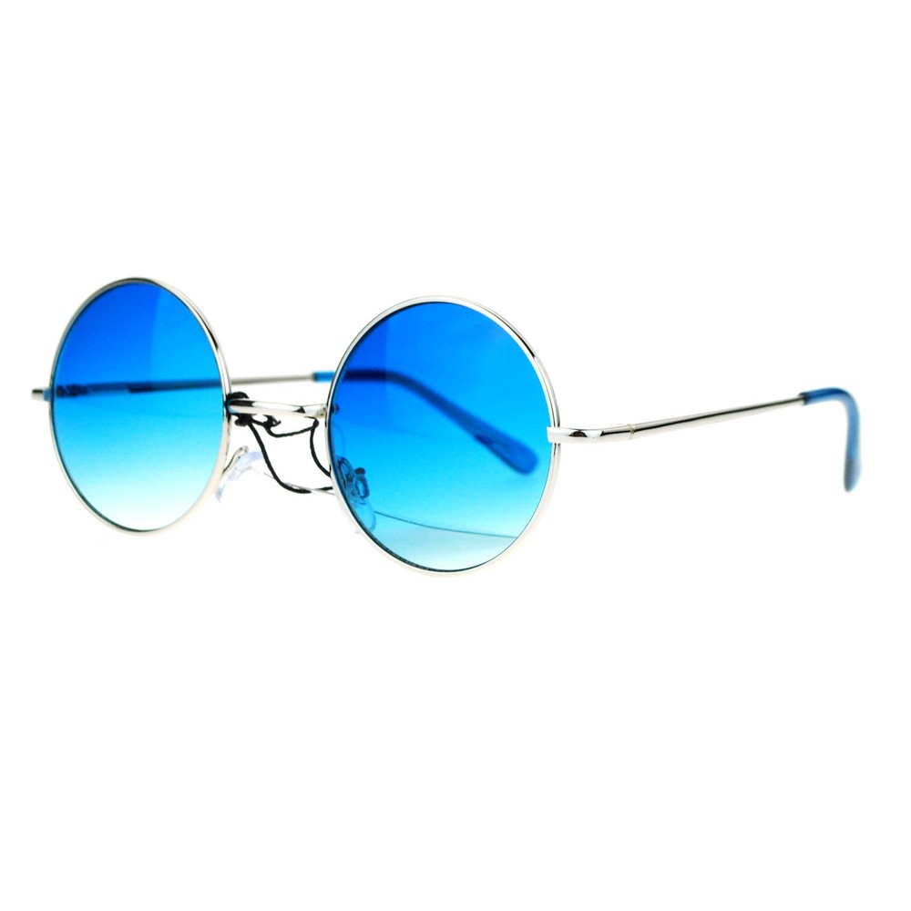 Round Circle Metal Silver Frame Sunglasses Fun Color Lens Spring Hinge