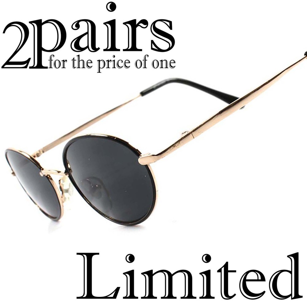 Lot of 2 pairs Classic Retro Fashion Mens Womens Gold Round Oval Sunglasses