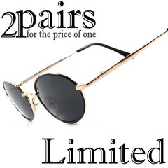 Lot of 2 pairs Classic Retro Fashion Mens Womens Gold Round Oval Sunglasses