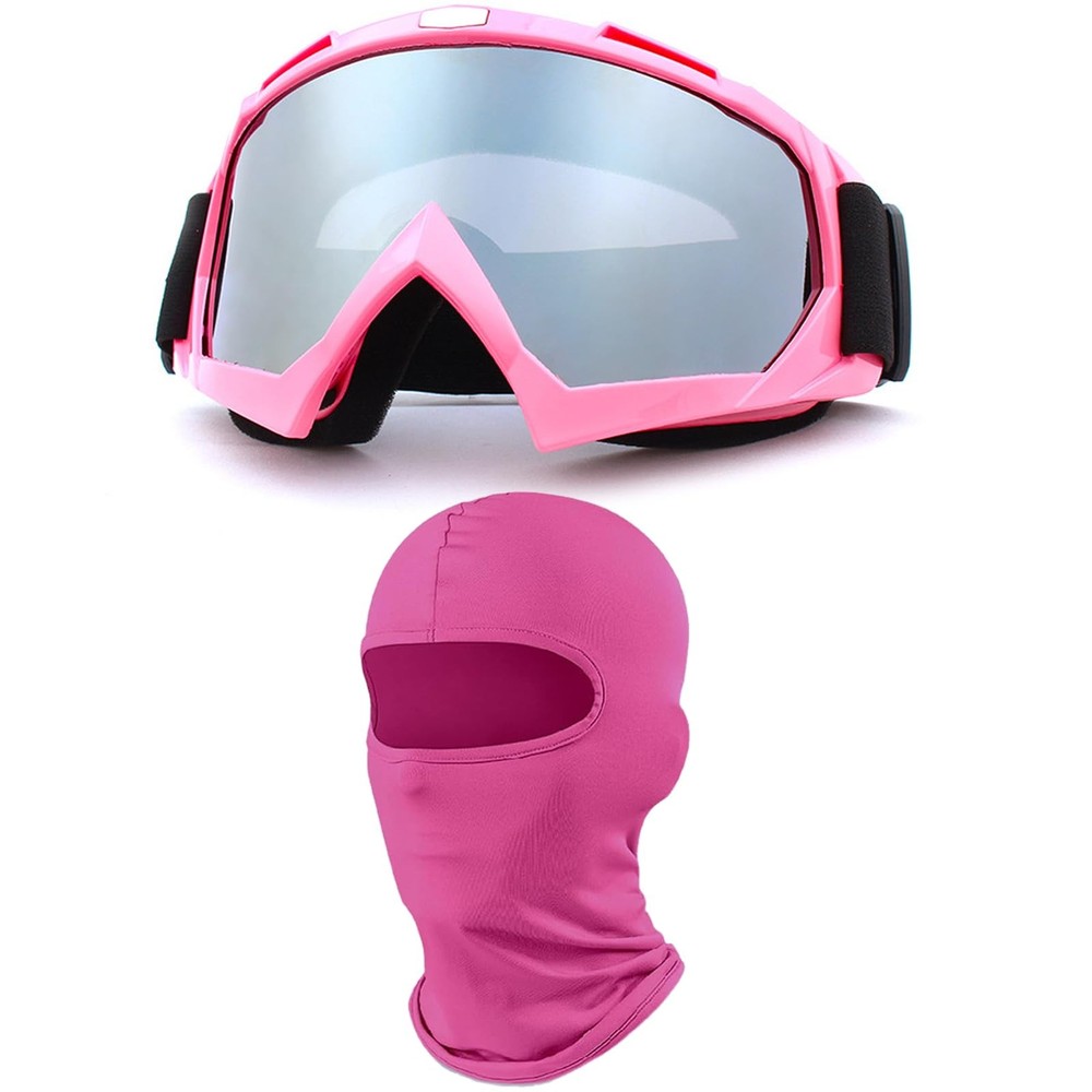 Pink Motorcycle Goggles with Balaclava Face Mask for Dirt Bike, Skiing