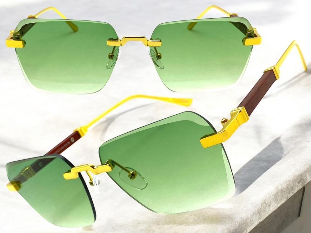 Men Classy Elegant Modern Sophisticated SUNGLASSES Rimless Gold Frame Green Lens