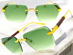 Men Classy Elegant Modern Sophisticated SUNGLASSES Rimless Gold Frame Green Lens
