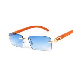 Vintage Men’s Rimless Gold Frame Blue Gradient Tint Woodgrain Sunglasses​