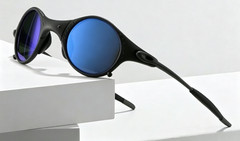 OakleyE5 Sunglasses|Matte black round frame blue mirrored polarized lenses