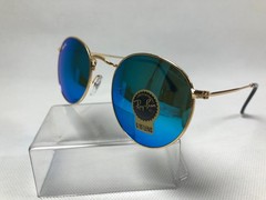 Ray-Ban RB3447 Round Metal Glod Frame Mirror Ice Blue Lenses Sunglasses
