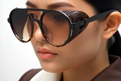 Men’s Women Sunglasses Vintage Steampunk Side Shields Leather Round Retro Shades