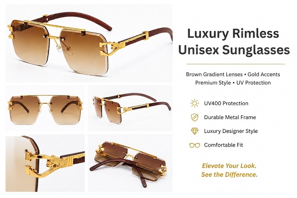 Unisex Luxury Rimless Sunglasses Gold Frame Wood Arm Brown Gradient UV400