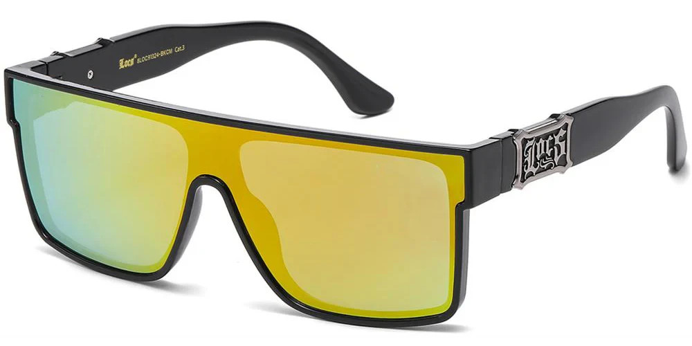 LOCS Oversized Flat Top Shield Single-Lens Metal Logo Temple Mirror Sunglasses