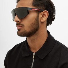 Prada Linea Rossa Men Sunglasses Black Blue Mirror Shield PS04WS DG070A NEW