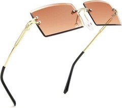Men Vintage Rimless Small Rectangular Gold Frame Dark Blue Lens Tint Sunglasses