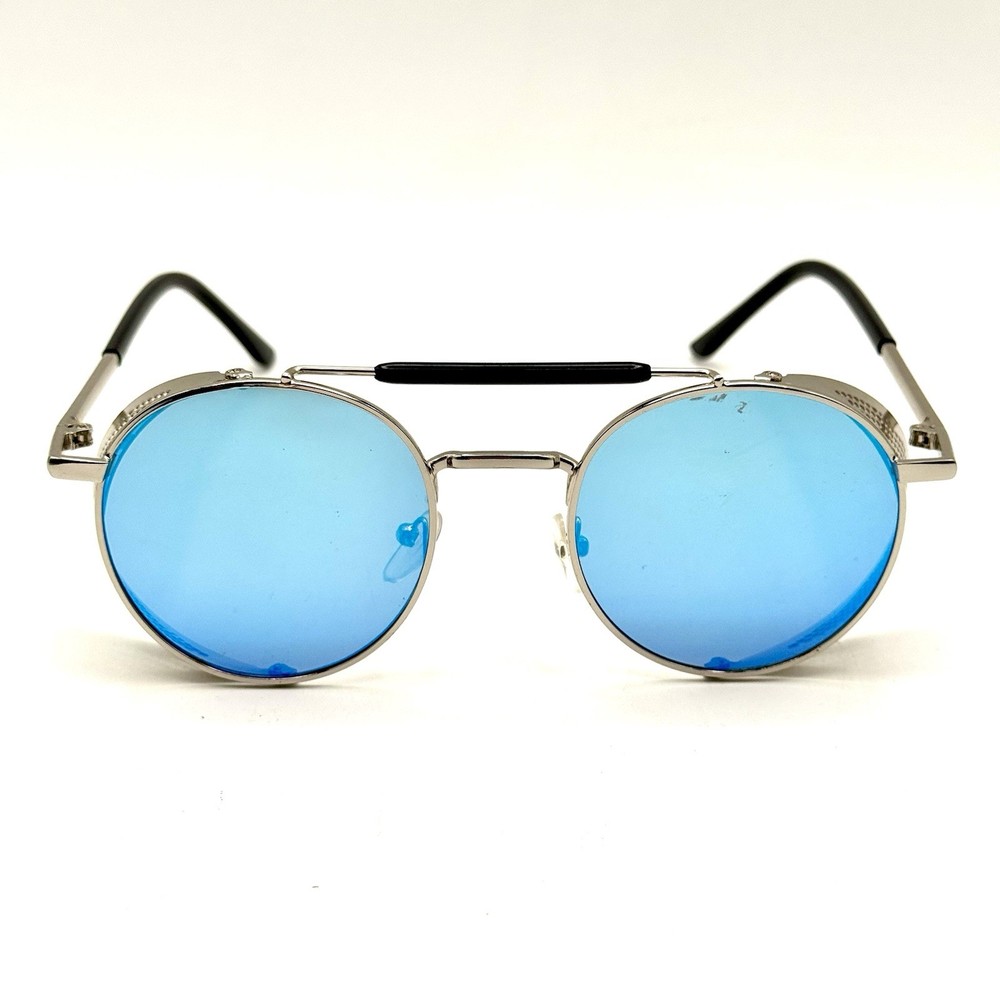 Gothic Steampunk Round Sunglasses Silver & Black Designer Frame & Mirrored Lens