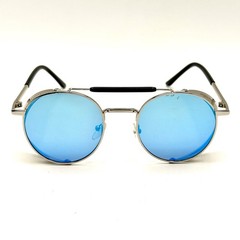 Gothic Steampunk Round Sunglasses Silver & Black Designer Frame & Mirrored Lens