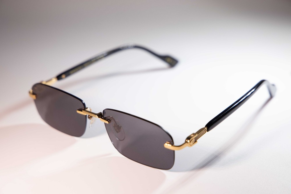Gucci GG1221S 001 Gold-Black/Grey Rectangular Narrow Rimless Men’s Sunglasses