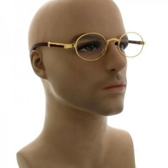Mens CLASSY Style Clear Lens EYE GLASSES Wooden Print Oval Gold Frame