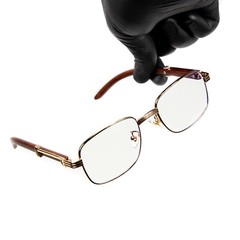 Men’s 90s Clear Lens Wood Grain Gold Frame Retro Old School Vintage Glasses