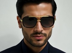 Men’s Sunglasses Square One Gold Colored Metal Frame Top Bar Oversize Shades NEW