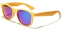 Light Wood Grain Look Classic Square Shape Sunglasses Blue Purple Mirror Lens